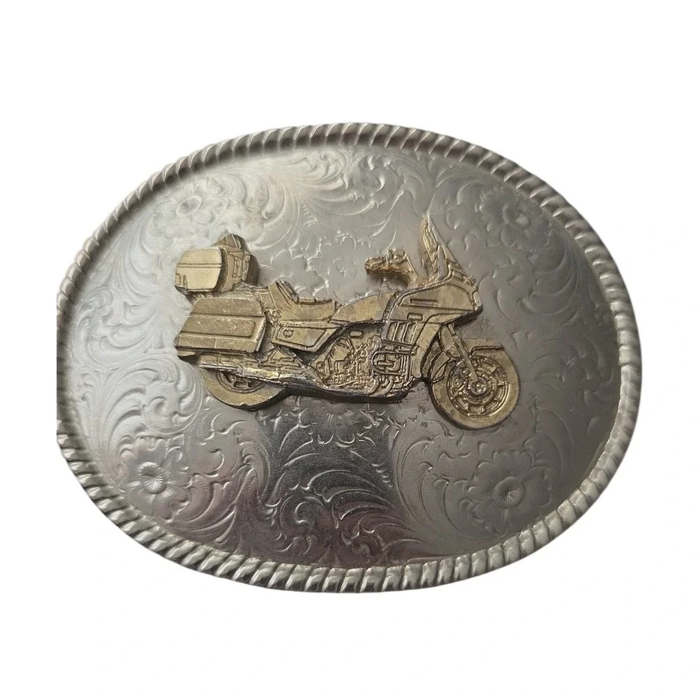 Vintage Made in USA‎ Motorcycle Belt Buckle Silver Gold Tone Floral Western Oval